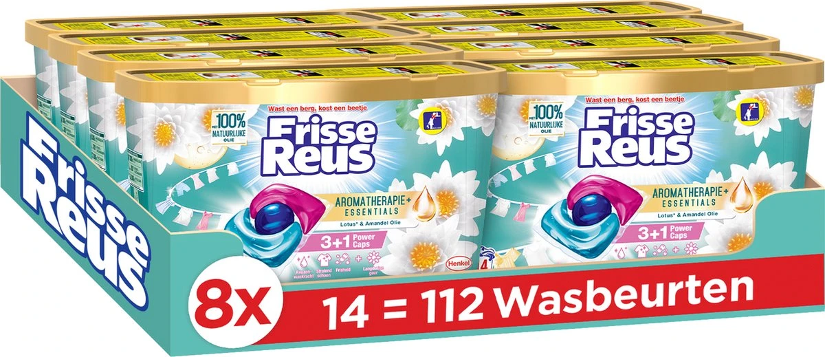 Frisse Reus Power Caps Lotus Amandel Wascapsules - Wasmiddel Capsules - Voordeelverpakking - 8 x 14 wasbeurten Frisse Reus Power Caps Lotus Amandel Wascapsules - Wasmiddel Capsules - Voordeelverpakking - 8 X 14 Wasbeurten -Schoonmaakproducten Winkel 1200x519 1