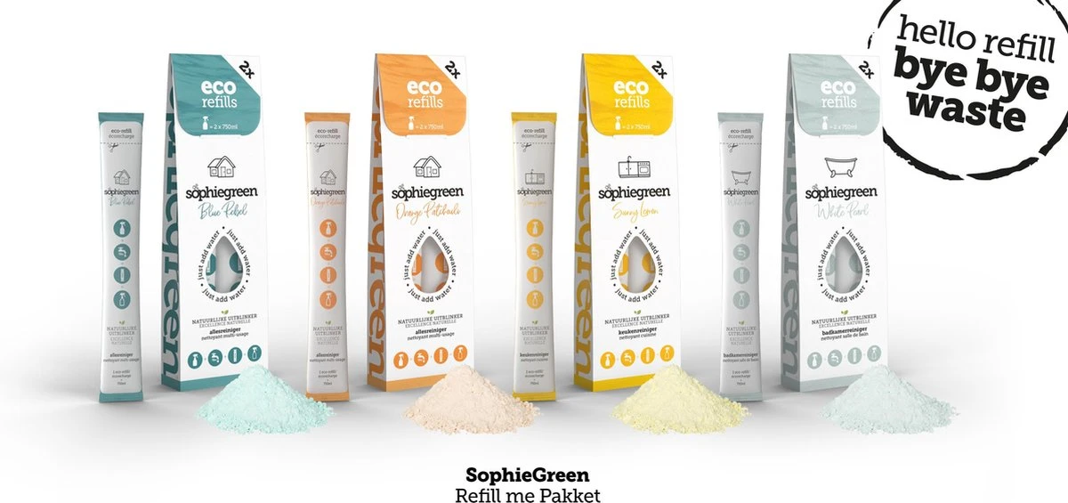 SophieGreen Eco-Refill pakket; Allesreiniger Blue Rebel en Orange Patchouli, +Keukenreiniger + Badkamerreiniger (4x2 navulling= 8 x750ml) SophieGreen Eco-Refill Pakket; Allesreiniger Blue Rebel En Orange Patchouli, +Keukenreiniger + Badkamerreiniger (4x2 Navulling= 8 X750ml) -Schoonmaakproducten Winkel