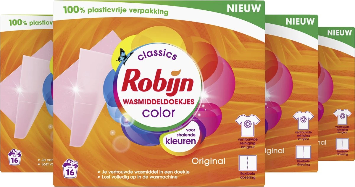 Robijn Classics Color Wasmiddeldoekjes - 4 x 16 wasstrips - Voordeelverpakking Robijn Classics Color Wasmiddeldoekjes - 4 X 16 Wasstrips - Voordeelverpakking -Schoonmaakproducten Winkel