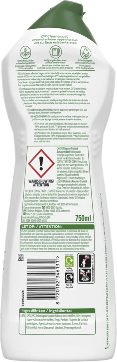 Cif CleanBoost Cream Original Schuurmiddel - 8 x 750 ml - Voordeelverpakking Cif CleanBoost Cream Original Schuurmiddel - 8 X 750 Ml - Voordeelverpakking -Schoonmaakproducten Winkel 390x1200 4