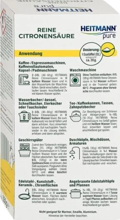 HEITMANN Pure Ontkalker- Citroenzuur Ontkalker, Natuurvriendelijke Kalkreiniger Voor Een Hygiënische Reiniging - Poeder, 1x 350 G -Schoonmaakproducten Winkel 654x1200