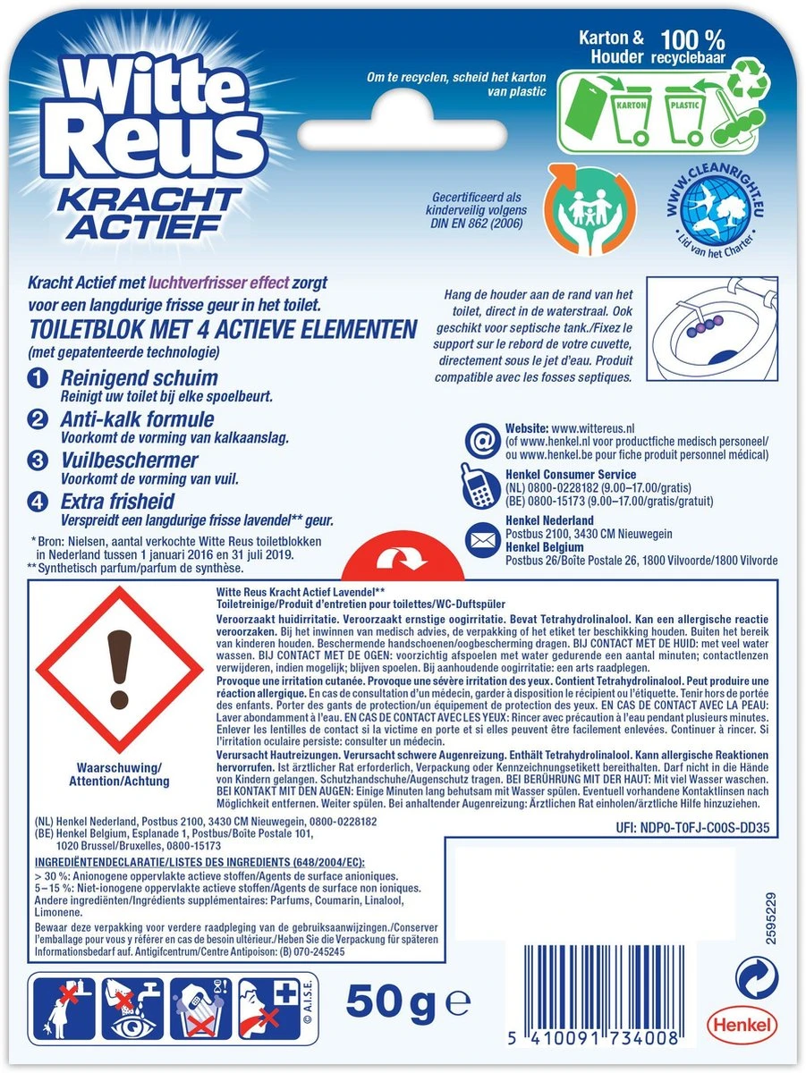 Witte Reus Kracht Actief Toiletblok - Lavendel - WC Blokjes Voordeelverpakking - 10 Stuks Witte Reus Kracht Actief Toiletblok - Lavendel - WC Blokjes Voordeelverpakking - 10 Stuks -Schoonmaakproducten Winkel