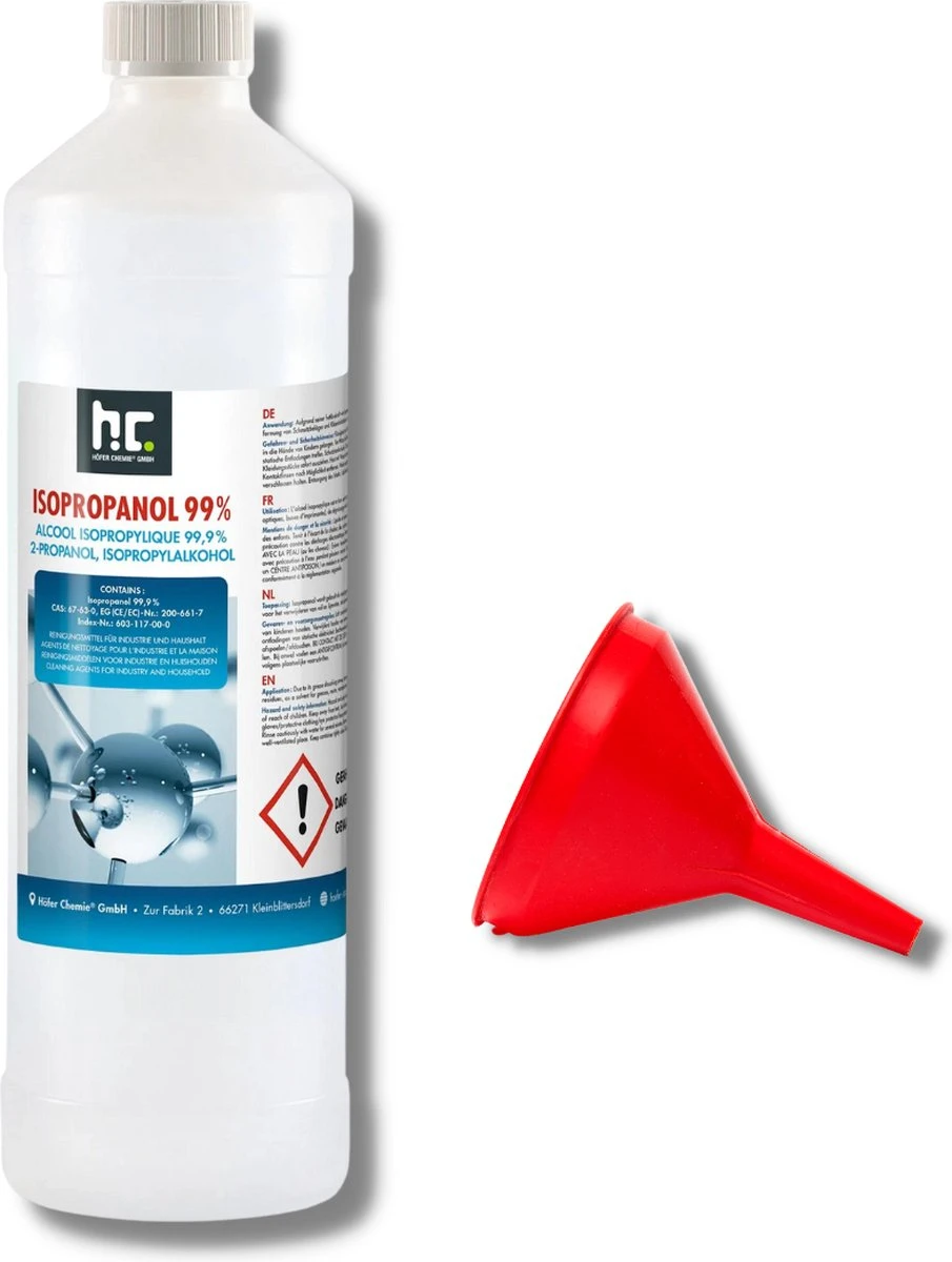 Isopropyl Alcohol - Isopropanol - IPA - Isopropyl - 99,9% Zuiver - 1000ml - Inclusief Trechter Isopropyl Alcohol - Isopropanol - IPA - Isopropyl - 99,9% Zuiver - 1000ml - Inclusief Trechter -Schoonmaakproducten Winkel